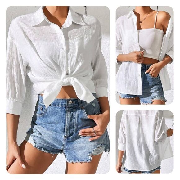 PETITE Drop Shoulder Front Button Beach Shirt. Size PL - Picture 1 of 10